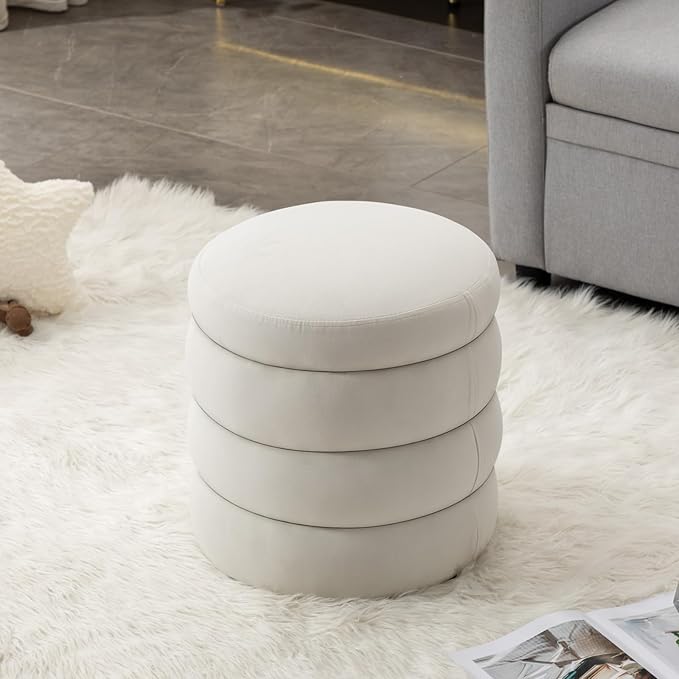 Furniliving Modern Round Ottoman, Soft Bedroom Ottoman Footstool Round Ottomans - Image 3