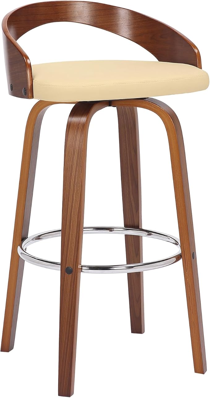 Armen Living Sonia 30" Bar Height Swivel Cream Faux Leather and Walnut Wood Bar by ArmenLiving