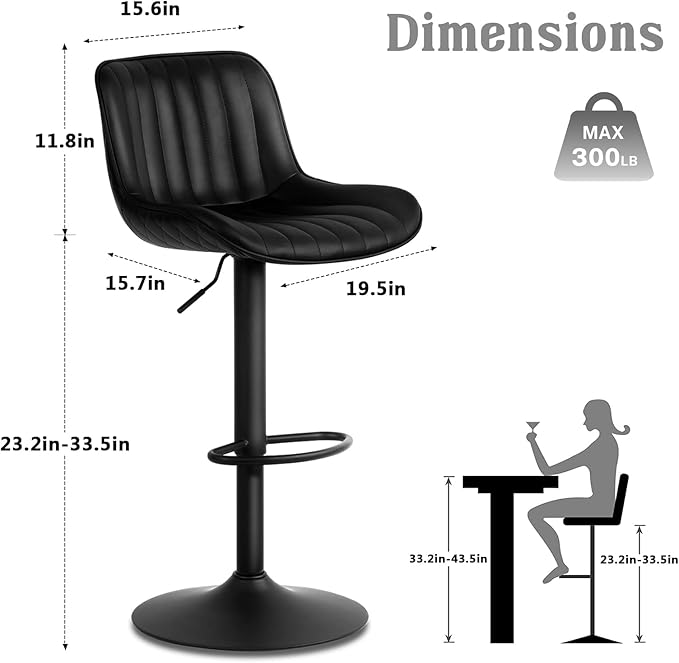YOUNUOKE Black Bar Stools Set of 2 Adjustable Counter Height Stools Modern - Image 2