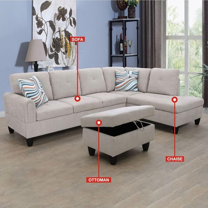 Grey White L-Shaped 3-Piece Flannel Sofa - Image 3