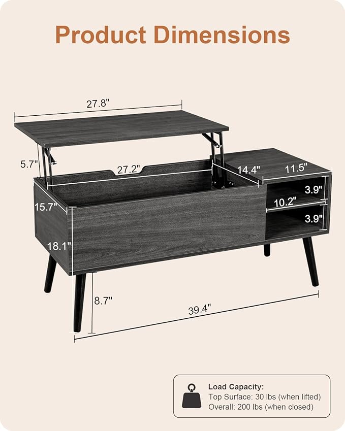 ALINE FURNITURE Gray Coffee Table Lift Top - Image 2