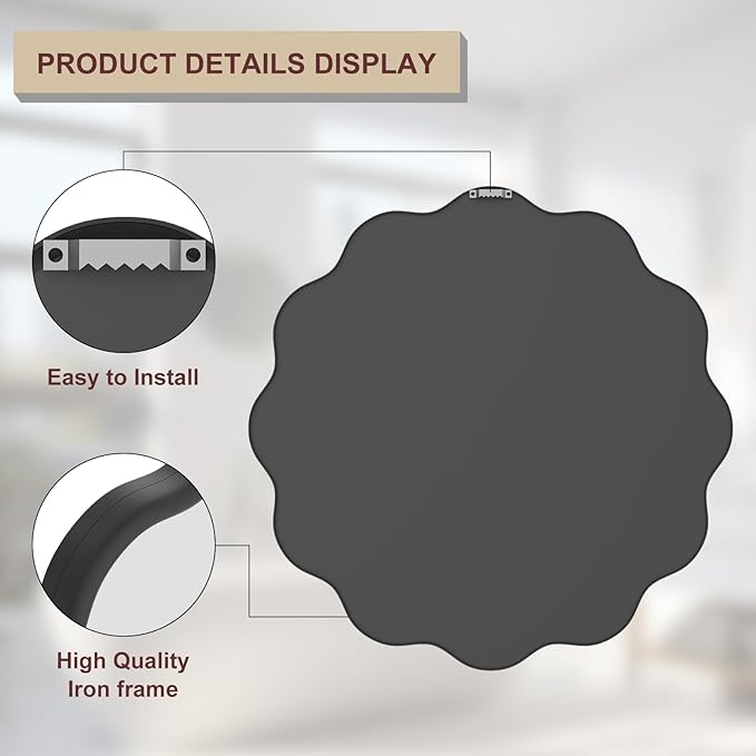PROHOMEWARE Black Round Mirror 30 Inch Wavy Bathroom Vanity Mirror Black Frame - Image 4