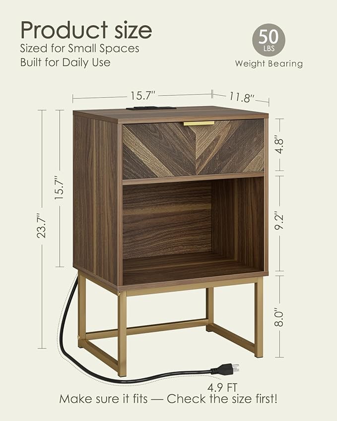 Nightstand with Charging Station, Boho Night Stand Wood Farmhouse Bedside Table - Image 2