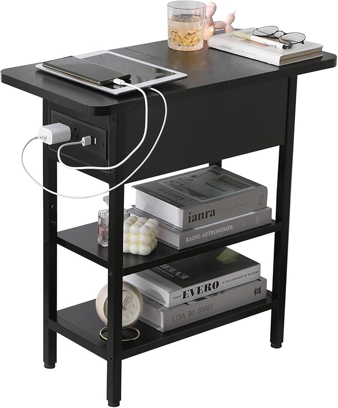 Modern End Table with Charging Station, Narrow Side Table with USB Ports & by SURMIO