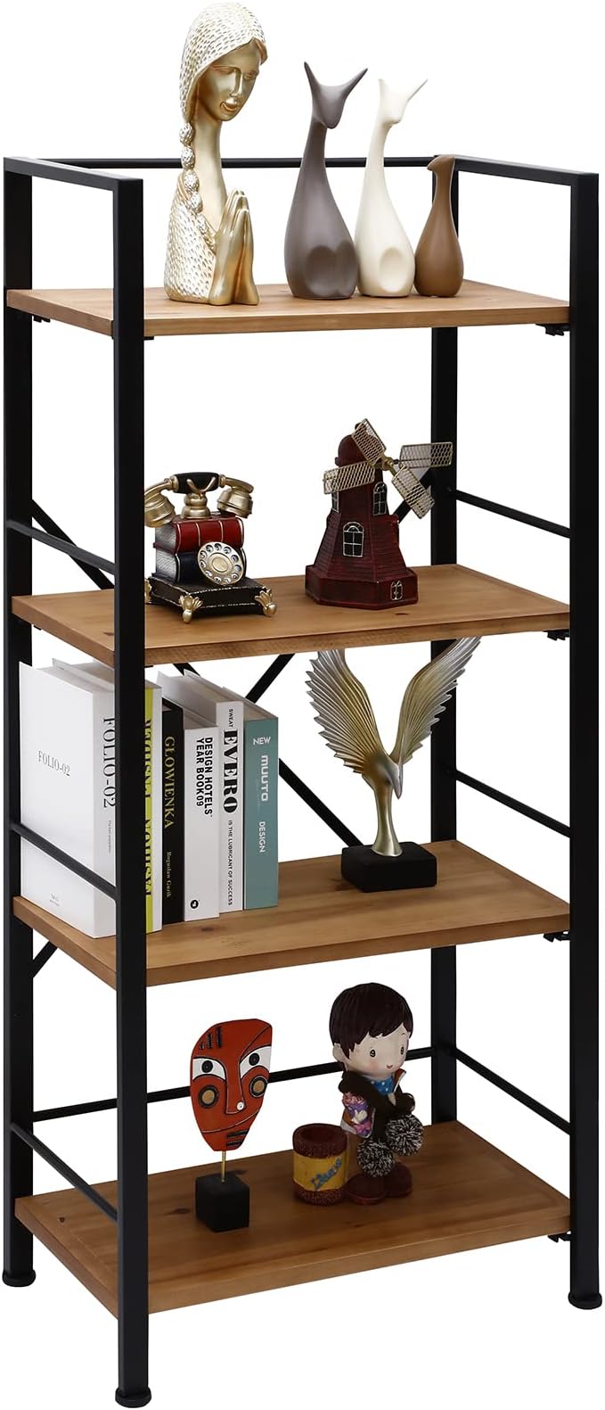 Crofy Rustic Bookshelf, 4 Tier Real Wood Bookshelf, Metal Book Shelf by Crofy