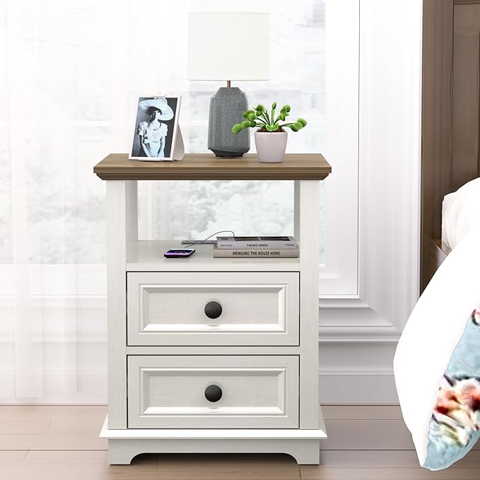 End Table with Fast USB C Charging Station, Large Storage Rustic Wood Square - Image 7