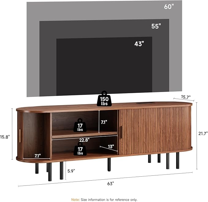 63" TV Stand with Power Outlet, Modern Media Console with Sliding Doors - Image 2
