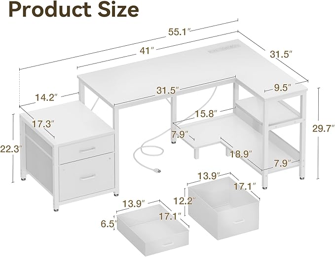 Casaottima L Shaped Desk with Drawers & File Cabinet, Reversible White Computer - Image 3