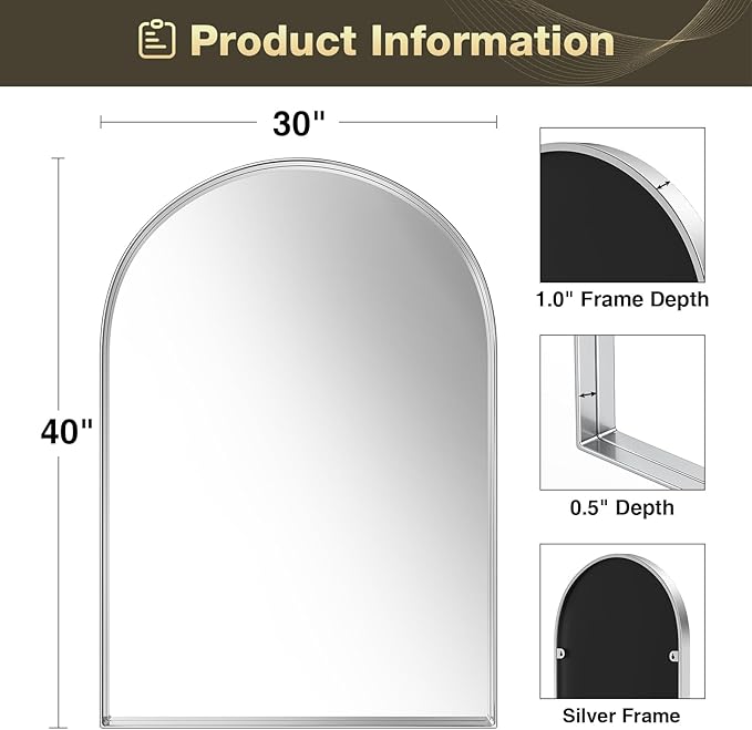 Brightify Arched Mirror, Arched Wall Mirror, 30 x 40 Inch Silver Arch Mirror - Image 5