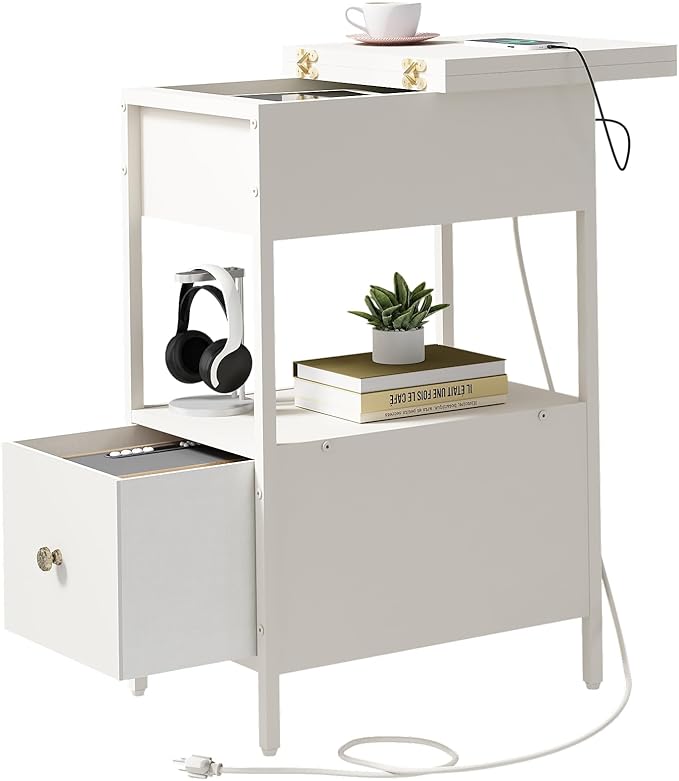 SOOWERY End Table with Charging Station, Narrow Side Table with Flip Top by SOOWERY