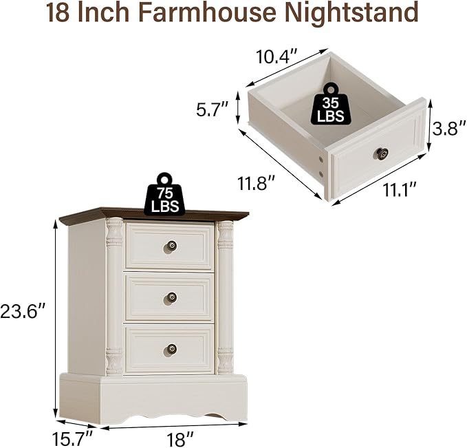 Nightstand with 3 Drawers, Rustic Night Stand 18' Wide Side Table with Storage - Image 2