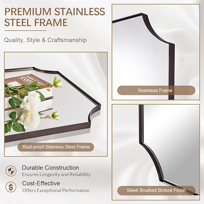 ANDY STAR 30x40 Inch Bathroom Mirror, Brushed Bronze Rectangle Scalloped Mirror - Image 4