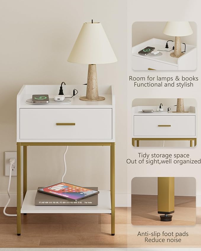 Nightstand with Charging Station, 3-Tier Bedside Table - Image 4