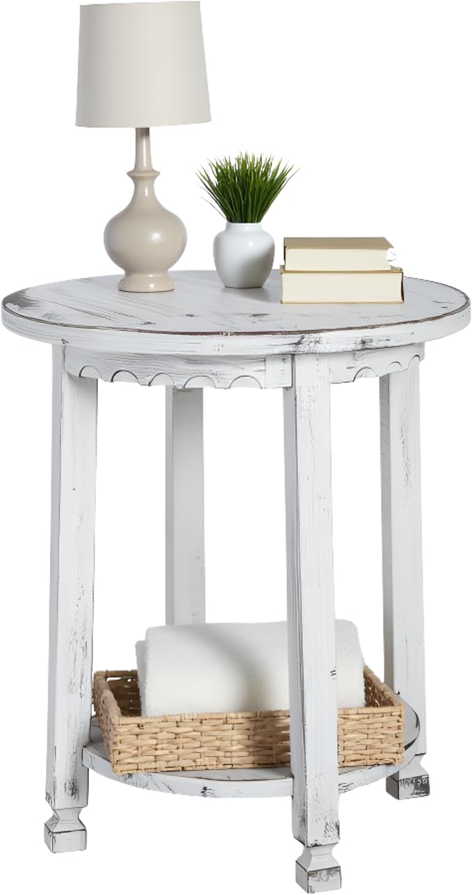 Rustic Cottage Round End Table w/ 1 Shelf, Farmhouse Style by AlaterreFurniture