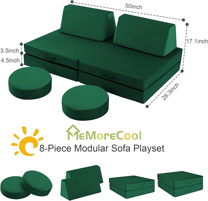 MeMoreCool 8-Piece Modular Kids Play Couch – Green Convertible Foam Toddler Sofa - Image 6