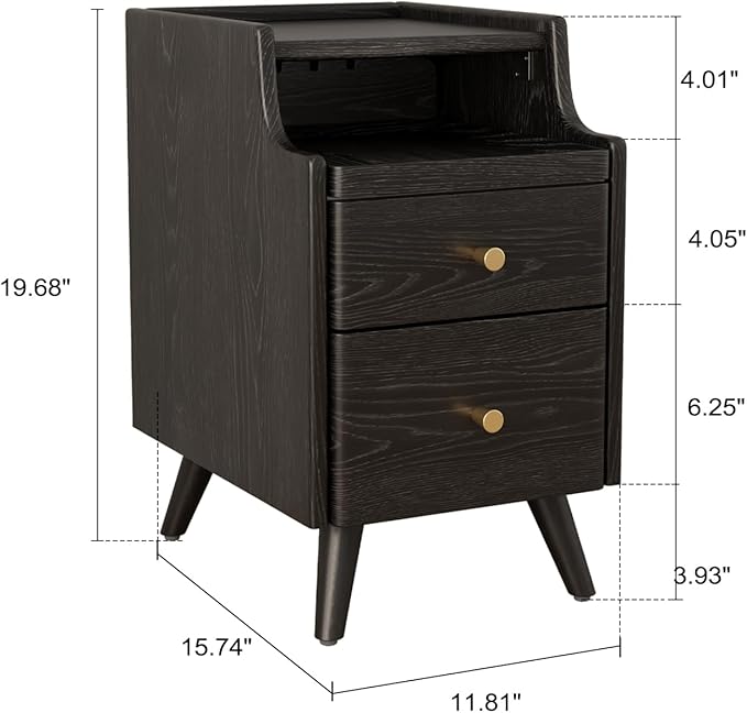 Small Nightstand with Drawers, Solid Wood Bedside Table, Narrow Walnut - Image 2