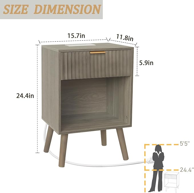 Grey Wood Nightstand with Charging Station, Modern Bedside Table with Fluted - Image 3
