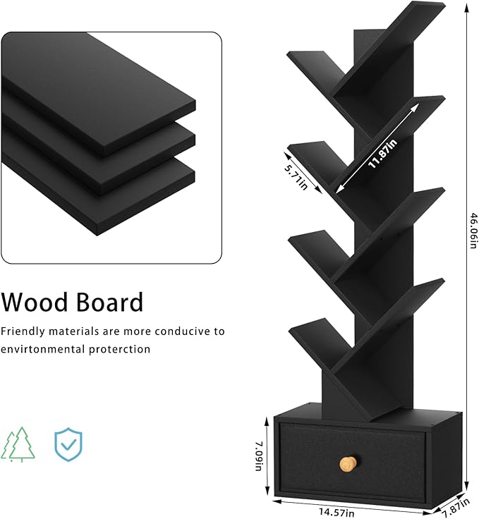 8 Tier Tree Bookshelf with Drawer, Free Standing Wood Bookcase - Image 3