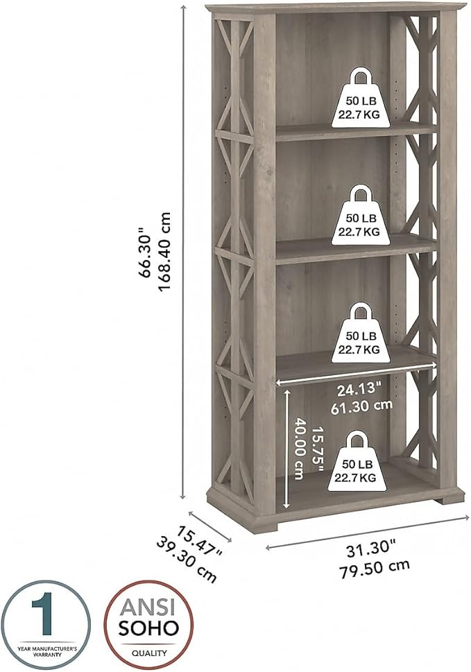 Bush Furniture Homestead 4 Shelf Farmhouse Bookcase in Driftwood Gray, Vertical - Image 3
