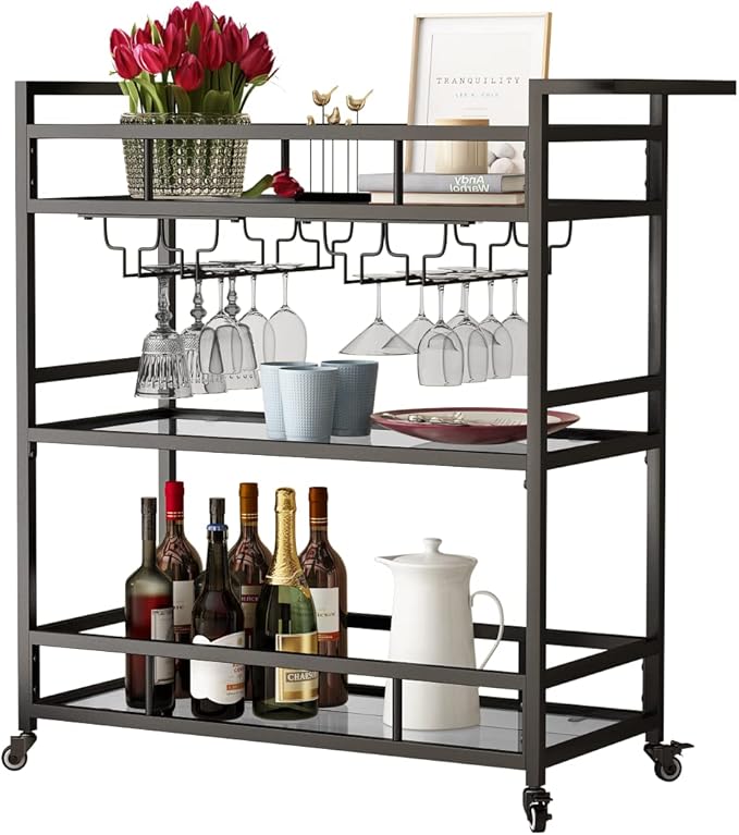 Black Metal Bar Carts with 3 Tier Glass Shelves, Rolling Serving Bar Cart with - Image 6
