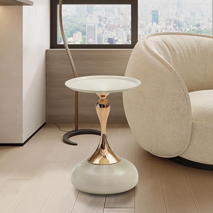 White Pedestal Side Table for Small Spaces, Metal Round Unique End Tables - Image 5