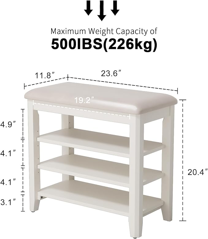 Shoe Bench with Leather Cushion, 3 Tiers Shoe Storage Bench Height Adjustable - Image 2