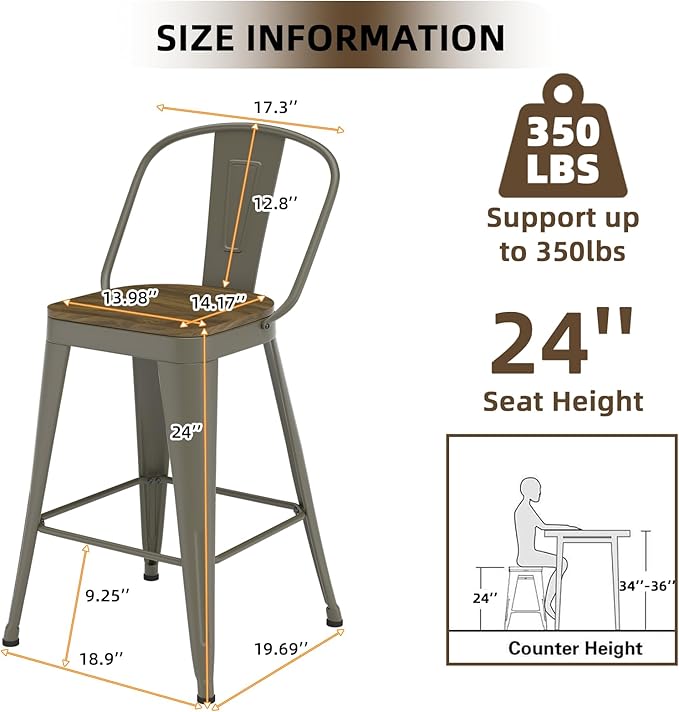 Metal Bar Stools Set of 4, High Back Bar Stools - Image 3
