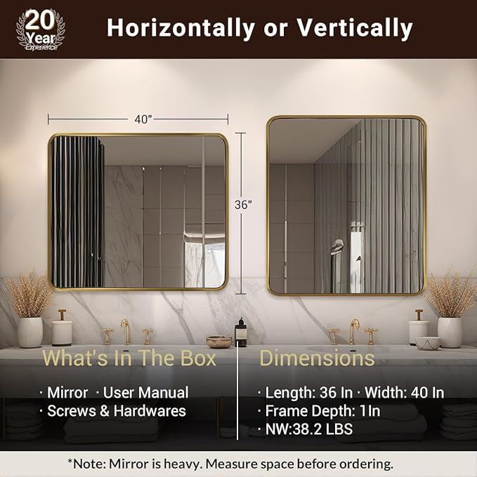 ANDY STAR 40x36 Inch Gold Bathroom Mirror, Brushed Gold Mirrors - Image 2