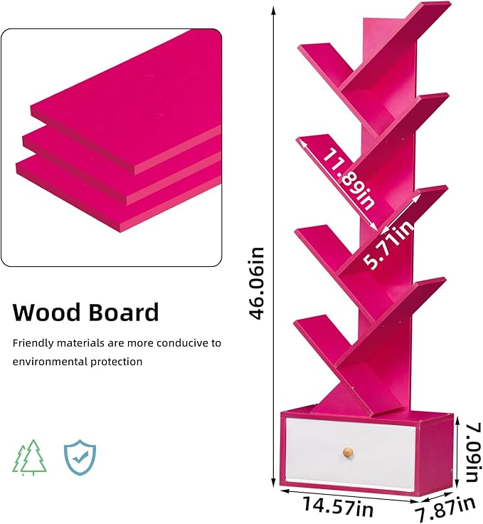 8 Tier Tree Bookshelf with Drawer, Free Standing Wood Bookcase - Image 3