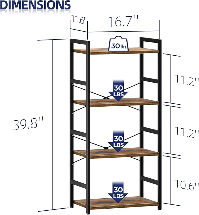 NUMENN 4 Tier Small Bookshelf, Industrial Bookcase Shelf Storage Organizer - Image 3