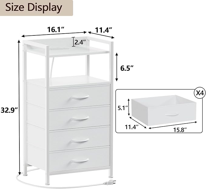 Furnulem White Nightstand with Charging Station, Night Stand Side Table with - Image 3