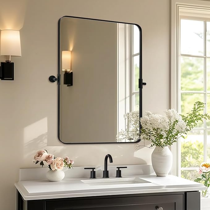 MOON MIRROR Matte Black Pivot Mirror Bathroom, Bathroom Tilt Rounded Rectangular by MOONMIRROR