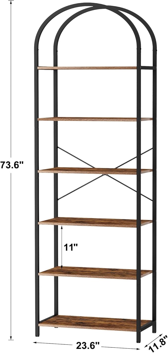Homhedy 6-Tier Bookshelf Arched Display Racks, Wood and Metal Bookcase - Image 2