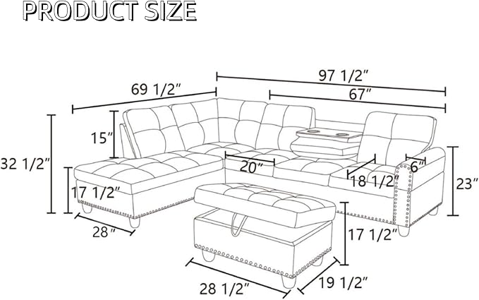 L Shaped Sectional Couches for Living Room, Modular 4 Seat Sofa - Image 2