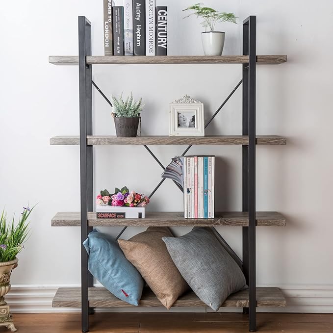 HSH 4-Shelf Vintage Industrial Bookshelf, Rustic Gray Wood and Metal 4 Tier - Image 7