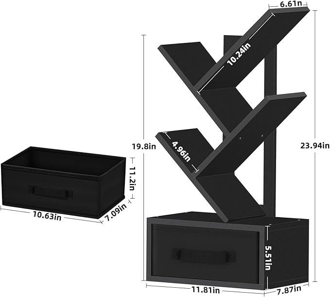 Small Book Shelf with Drawer, 4 Tier Black Tree Bookshelf, Wooden Desktop - Image 3