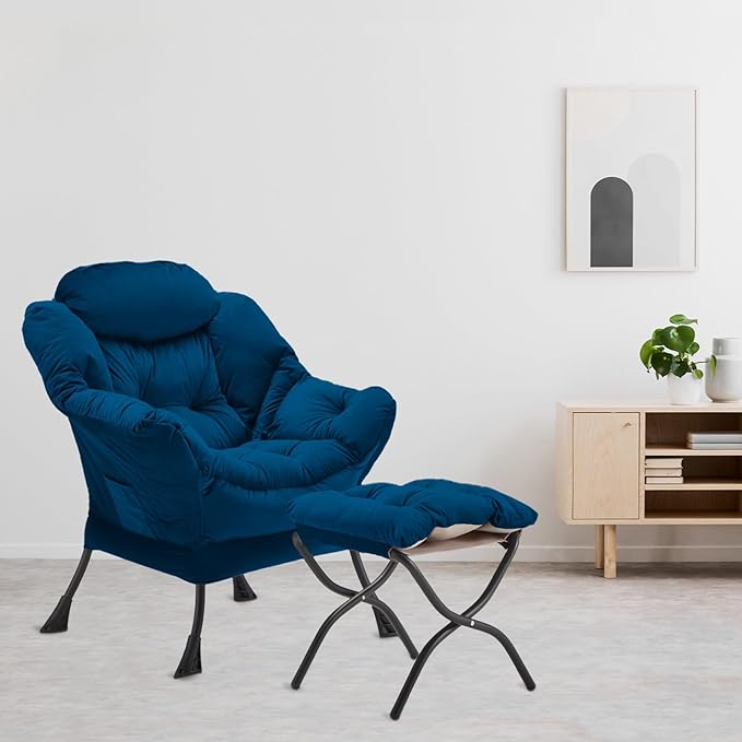 Lazy Chair with Folding Ottoman, Accent Chair Velvet Upholstered with Metal - Image 8