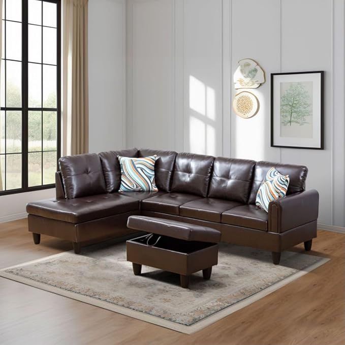 Brown L-Shaped 3-Piece Faux Leather Sofa - Image 5
