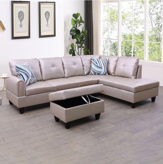 Latte L-Shaped 3-Piece Faux Leather Sofa by Unknown
