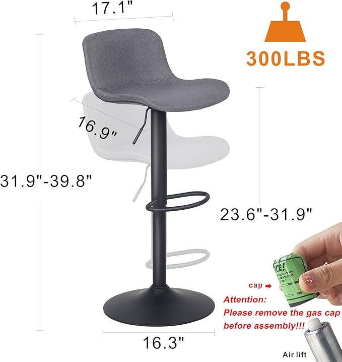 YOUTASTE Fabric Grey Bar Stools Set of 2, Adjustable Counter Height Barstools - Image 2