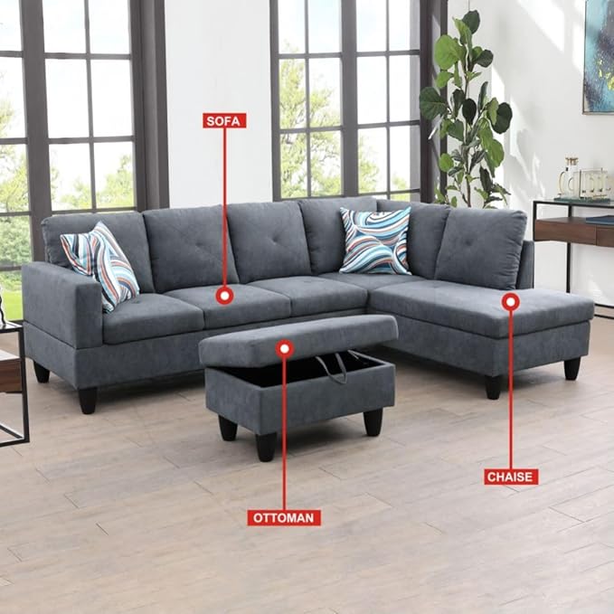 Dark Grey L-Shaped 3-Piece Flannelette Sofa - Image 4