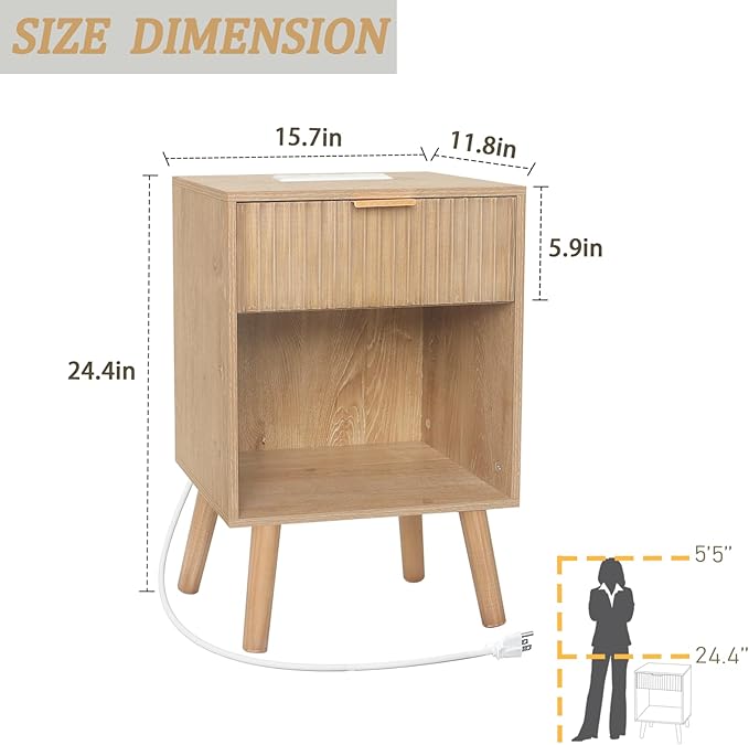 Wood Nightstand with Charging Station, Bedside Table with Fluted Drawers and - Image 3
