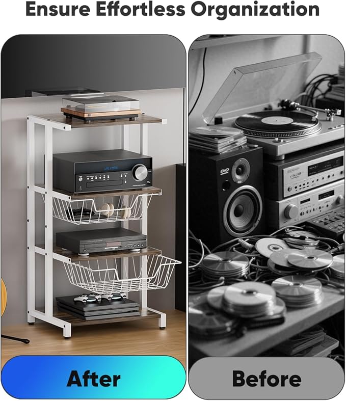 Media Stand with Two Detachable Baskets, 4-Tier AV Media Stand Corner Shelf - Image 6