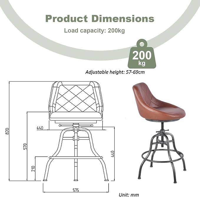 Diwhy Industrial Counter Stool, 22.44"-27.17" Adjustable Height PU Backrest - Image 2