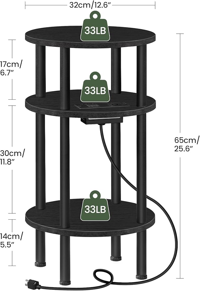 Small Round Side Table with Charging Station, 3-Tier Round End Table - Image 3
