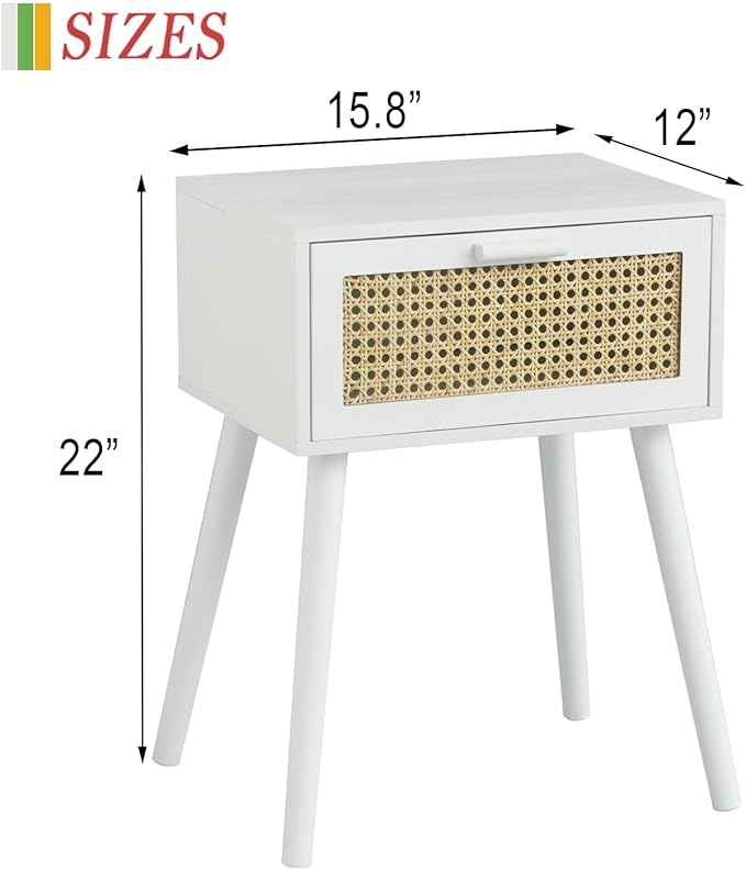 AWASEN White Rattan Nightstand, Modern Bedside Table - Image 2