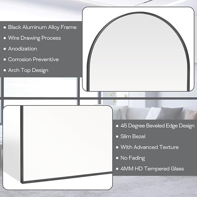 16" x 20" Black Arched Mirror, Arch Bathroom Wall Mirror, Metal Frame Arched - Image 6