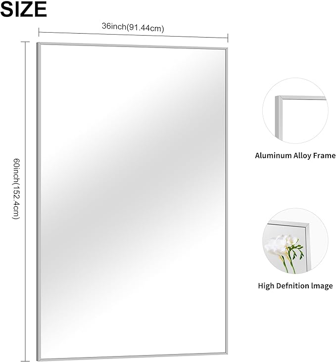 36x60inch Brushed Nickel Bathroom Mirror, Large Rectangular Wall Mirrors - Image 3