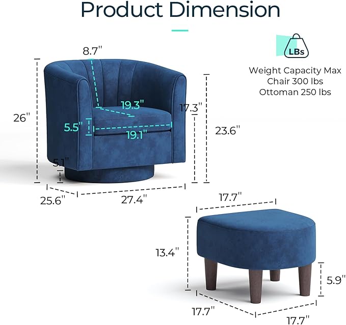 LINSY Swivel Accent Chair with Ottoman: Small Velvet Barrel Chair 360 Swivel - Image 2
