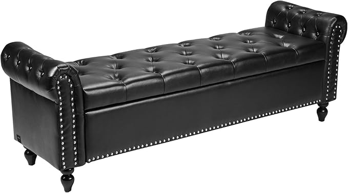 VEVOR Button-Tufted Storage Ottoman Bench, Rolled Arm PU Leather Bench by VEVOR